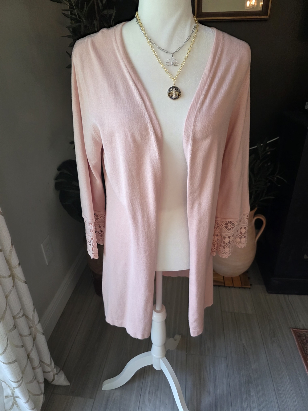 Calvin Klein Blush Pink Open-Front Cardigan with Lace Trim
